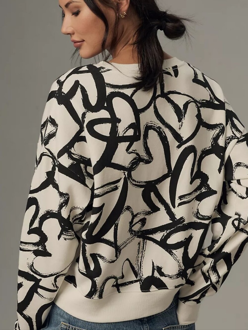 Anthropologie MAEVE Black & Ivory Heart Graphic Printed Jumper Sweatshirt Size S - Picture 2 of 8